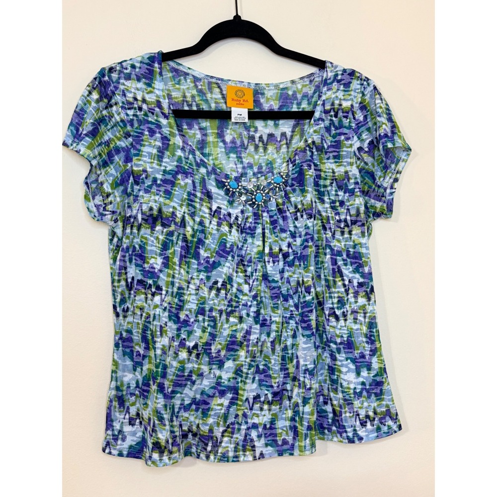 Ruby Rd Petite Blue Green Abstract Zig Zag Beaded Scoop Neck Top PM